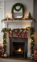 Fototapeta premium mantel decorated with stockings, ornaments, and evergreen branches, holiday decor, ornaments