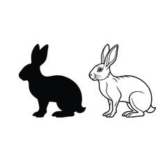 Obraz premium two rabbits isolated silhouette and line art on white background