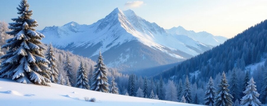 Snowy forest landscape with Chamar Daban mountain range in background, chamar daban, mountains