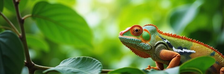 Fototapeta premium Vibrant chameleon resting on green leaves in a tropical setting