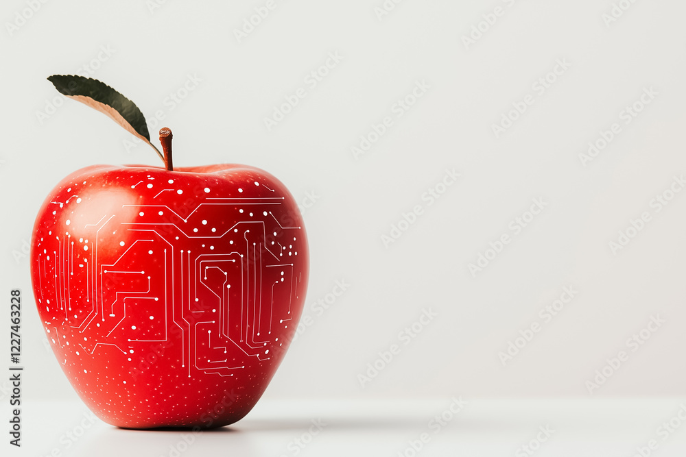 Poster a striking silhouette of a red apple features intricate circuit patterns on the stem, placed against