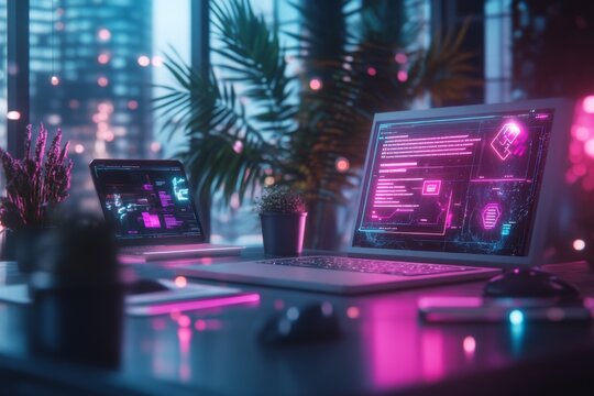 A vibrant 3D-rendered scene of a meeting room where a holographic checklist is projected onto a table, surrounded by team members discussing the criteria