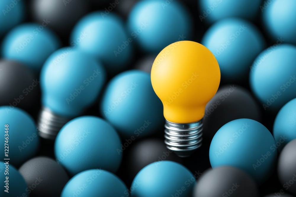 Poster a single glowing light bulb among a cluster of unlit bulbs, symbolizing a distinct idea or realizati