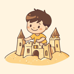 Cute little boy playing in sand with sand castle Vector illustration