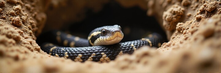 Fototapeta premium Snake peeking from an earthen burrow in soft light