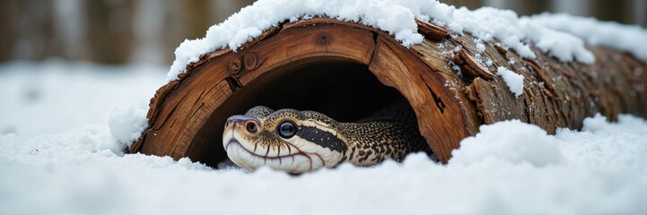 Fototapeta premium Snake peeking from a hollow log in a snowy forest