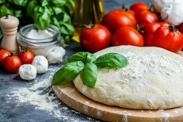 Fototapeta premium A kitchen counter with ingredients for a homemade pizza. Generative AI