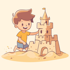 Cute little boy playing in sand with sand castle Vector illustration