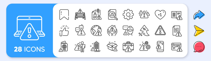 Warnings line icons. Interest rate, AI generate, Inflation icons. Caution sign, Exclamation mark, Risk attention. Danger alert, error caution, urgent information line icons. Vector