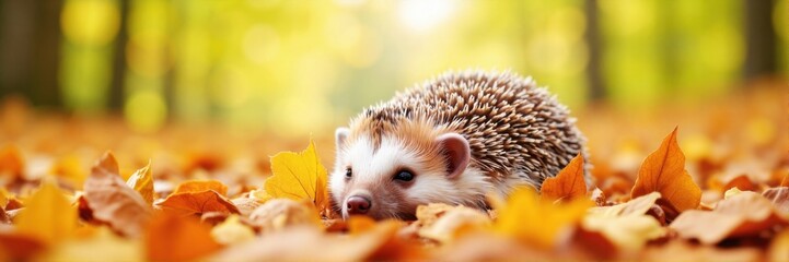 Naklejka premium Cute hedgehog resting in autumn leaves with warm sunlight