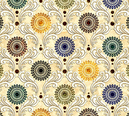 Digital seamless pattern block print batik vectorPAISLEY AND MARIGOLD FLORAL PATTERN AJRAKH BAGRU SANGANER BLOCK PRINT AND BATIK PRINT DIGITAL PRINT SEAMLESS TEXTILE PATTERN IN EDITABLE FILE