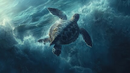 Obraz premium Detailed shot of a sea turtle swimming, showcasing its shells textured pattern, surrounded by the dynamic play of light on ocean waves