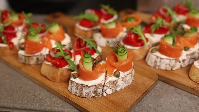 bruschetti with lightly salted salmon. Close-up