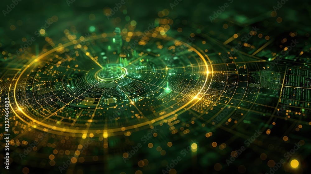 Poster abstract digital design showcasing glowing circular patterns and data visualization elements