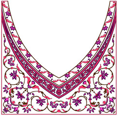 Symmetrical neckline pattern for dashiki shirt with Celtic motifs and colorful geometric shapes on the dark blue background. The embroidery neck design of the kaftan dress, kurta, Kurti, and blouse.