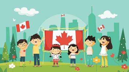 Joyful Kids Celebrating Canada Day Flat Vector Illustration