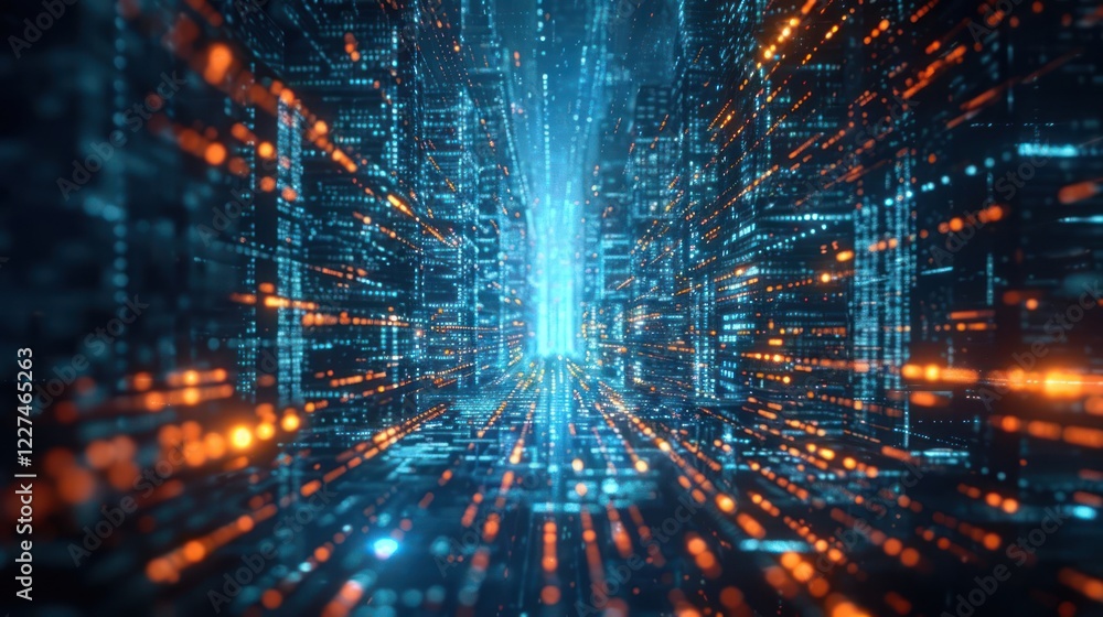 Aufkleber futuristic digital tunnel with glowing particles and data streams, representing technology and innov