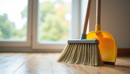 A broom and a yellow dustpan are placed on a clean wooden floor near a large window, suggesting a scene of spring cleaning with natural light coming through