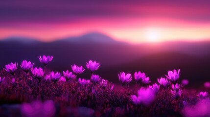 Fototapeta premium Purple flowers sunset mountain landscape, peaceful nature scene, desktop wallpaper