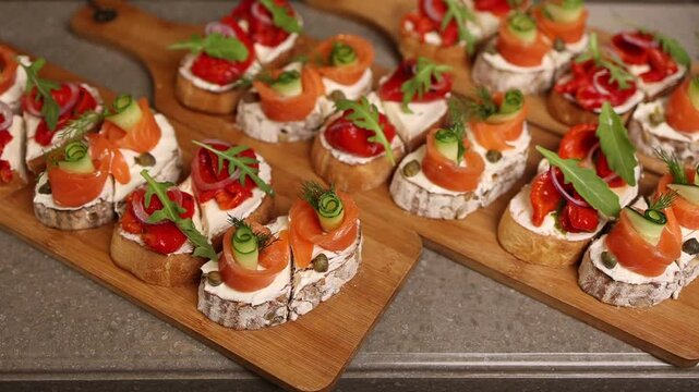 bruschetti with lightly salted salmon. Close-up