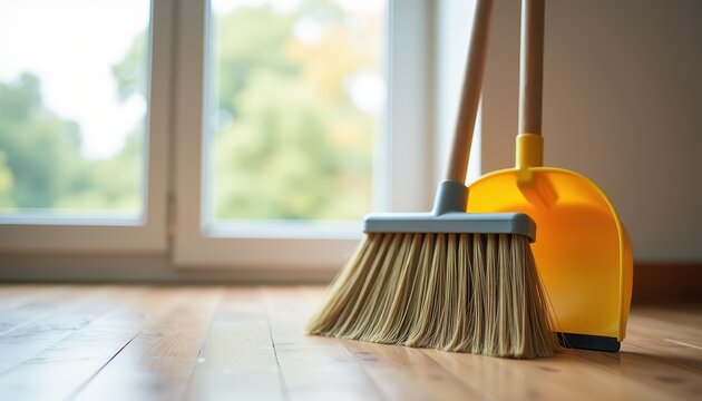 A broom and a yellow dustpan are placed on a clean wooden floor near a large window, suggesting a scene of spring cleaning with natural light coming through - Powered by Adobe