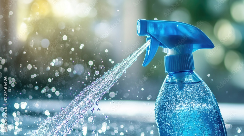 Poster a blue spray bottle releasing water in vibrant splashes, emphasizing the practicality and effectiven