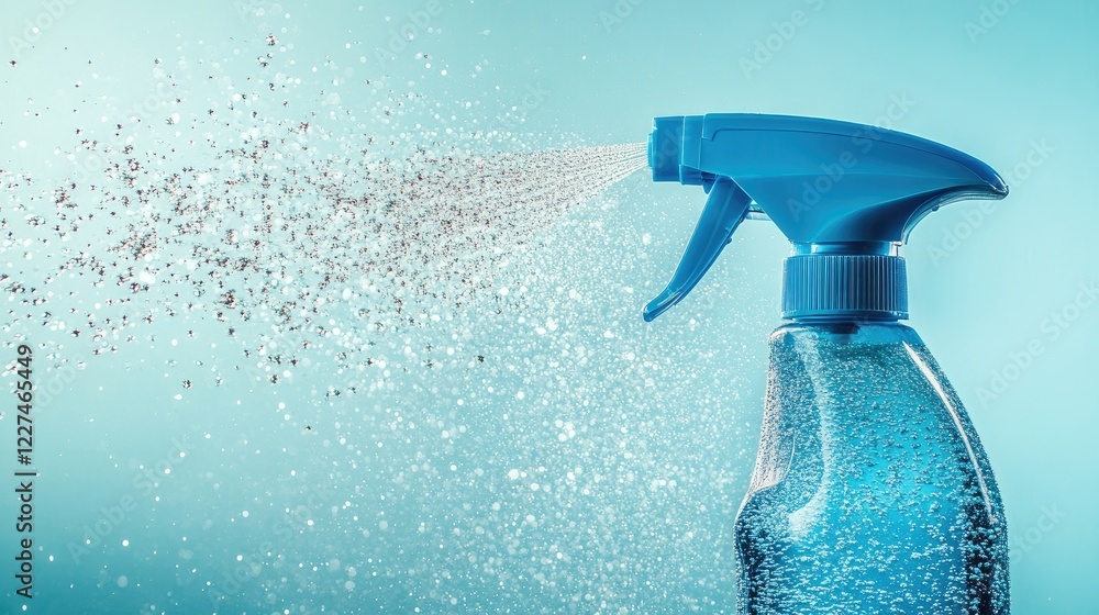 Aufkleber A blue spray bottle with water splashes flying through the air, creating a lively and dynamic scene that highlights its usefulness in cleaning tasks