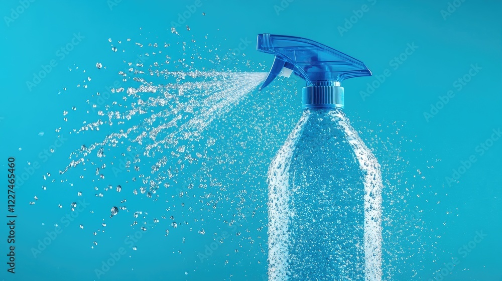 Poster a blue spray bottle with water splashes flying through the air, creating a lively and dynamic scene 