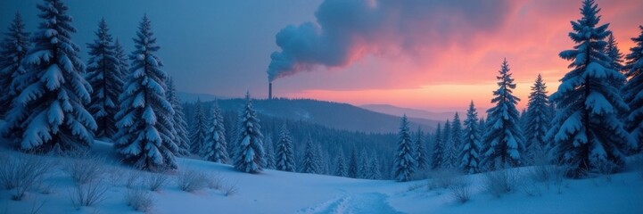Snowy forest landscape with distant chimneys smoking in the dark, forest, silence, isolation