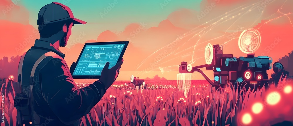 Poster farmer using tablet to manage ai powered robots in smart agricultural field