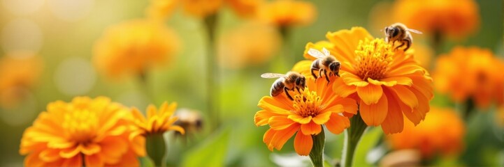Group of bees pollinating orange flowers in sunlit garden