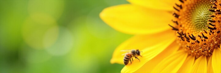 Bee hovering near sunflower petal with blurred green background