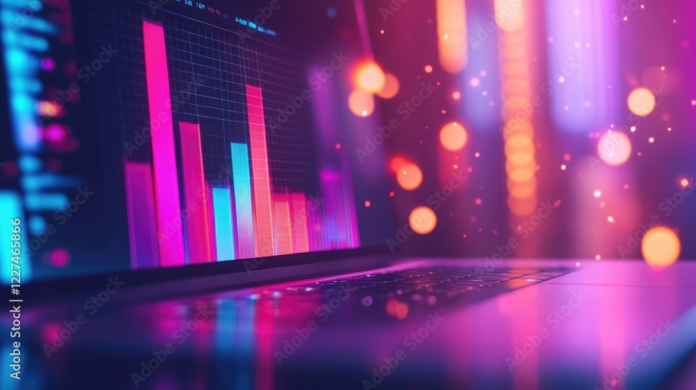 Poster a blurred laptop screen in the background with a vibrant bar graph on a document, symbolizing succes