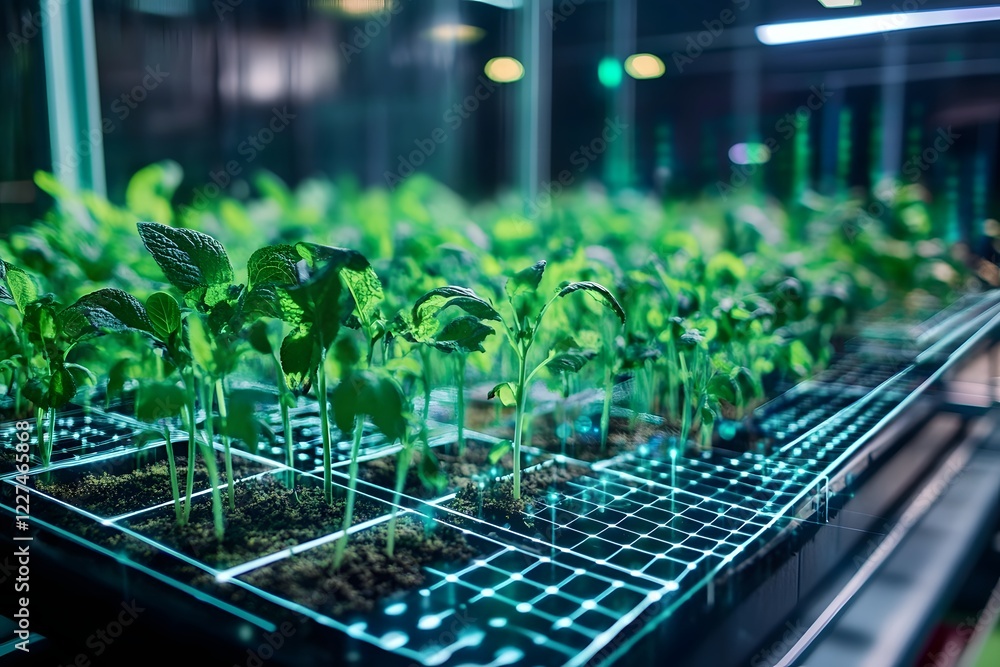 Poster high tech agricultural research lab using algorithms to optimize crop yield and climate impact