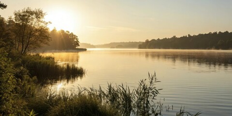 Obraz premium Morning sunlight dances on the surface of a serene lake, calm water, serenity now, tranquility