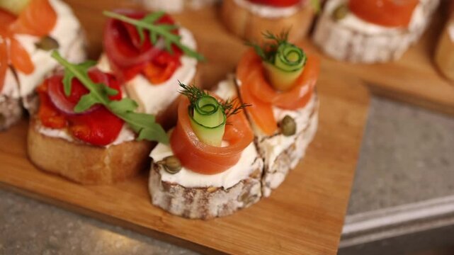 bruschetti with lightly salted salmon. Close-up