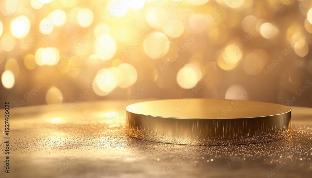 Poster golden podium adorned with glittery lights and bokeh - perfect for product presentation in a stunnin