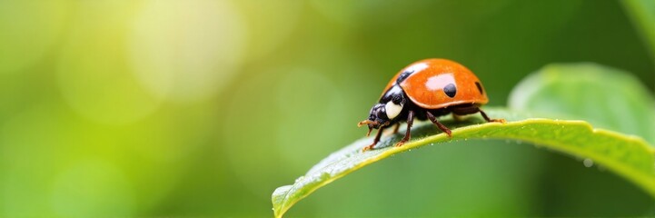Fototapeta premium Ladybug on the tip of a green leaf, bright and vibrant macro shot