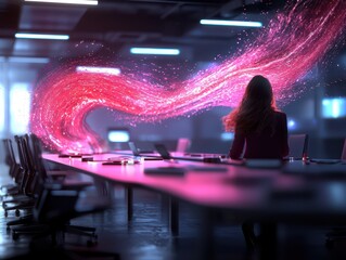 A female CEO in a meeting room with glowing holographic data streams flowing across the table, vibrant colors, modern tech.