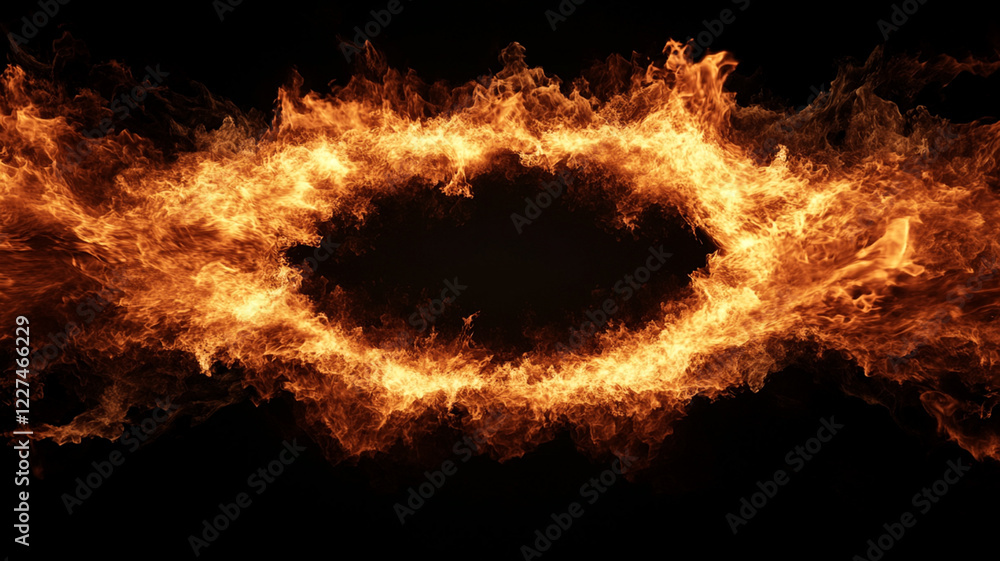 Poster fiery swirl creating a dynamic circular frame against a dark background, ideal for dramatic visuals
