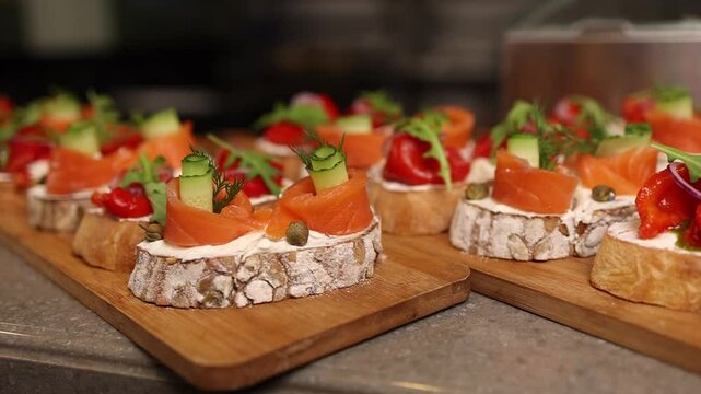 bruschetti with lightly salted salmon. Close-up