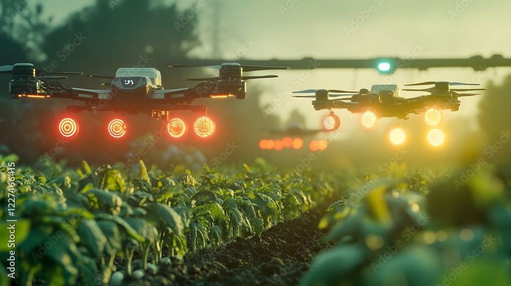 Poster futuristic autonomous farm with drones and robots harvesting crops and monitoring soil health