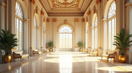 Fototapeta premium An opulent palace hall bathed in golden sunlight showcases towering white columns adorned with intricate gold details