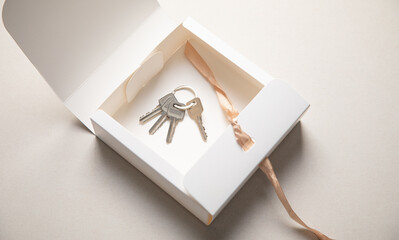 Gift box with a house keys. Real estate