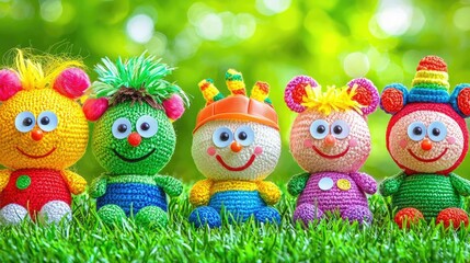 Colorful crocheted toys on grass, happy playful scene, blurred green background, ideal for children's products