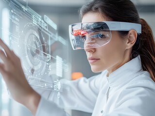 A high-powered executive woman with augmented reality glasses analyzing glowing holograms, surrounded by an ultra-modern, tech-heavy environment, sharp focus.