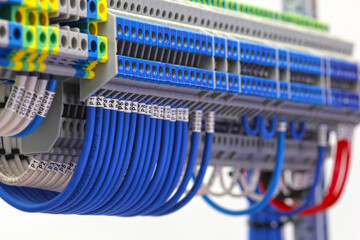Electrical screw terminals for connecting wires in an electrical switchboard. Soft focus. Close-up.
