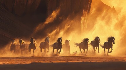 A breathtaking scene of seven wild horses galloping in unison, dust trailing behind them as their manes and tails whip in the wind
