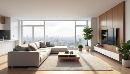 Fototapeta premium Contemporary Minimalist Living Room with Sleek White Walls and Stylish Decor