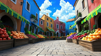 Obraz premium Bustling Open Air Market in Vibrant Mediterranean Town with Colorful Stalls and Produce